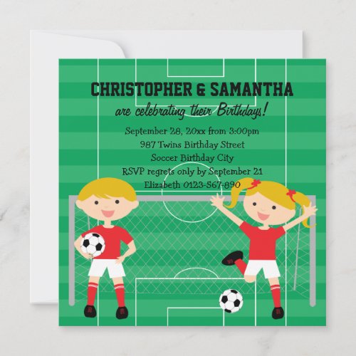 Red and White Twins Soccer v2 Birthday Party Invitation