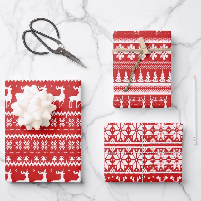 Red and White Ugly Christmas Sweater Wrapping Paper Sheets (Front)