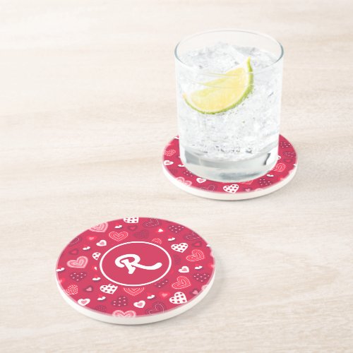 Red and white Valentines hears pattern Coaster