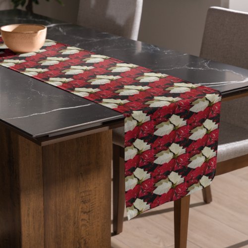 Red and White Variegated Poinsettia Floral Holiday Short Table Runner