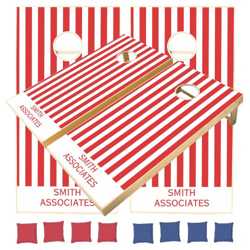 Red and White Vertical Stripes Family Company Name Cornhole Set
