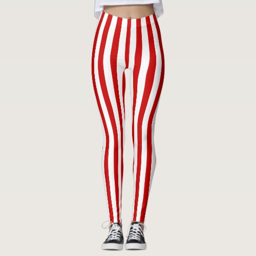 Red and White Vertical Stripes Leggings