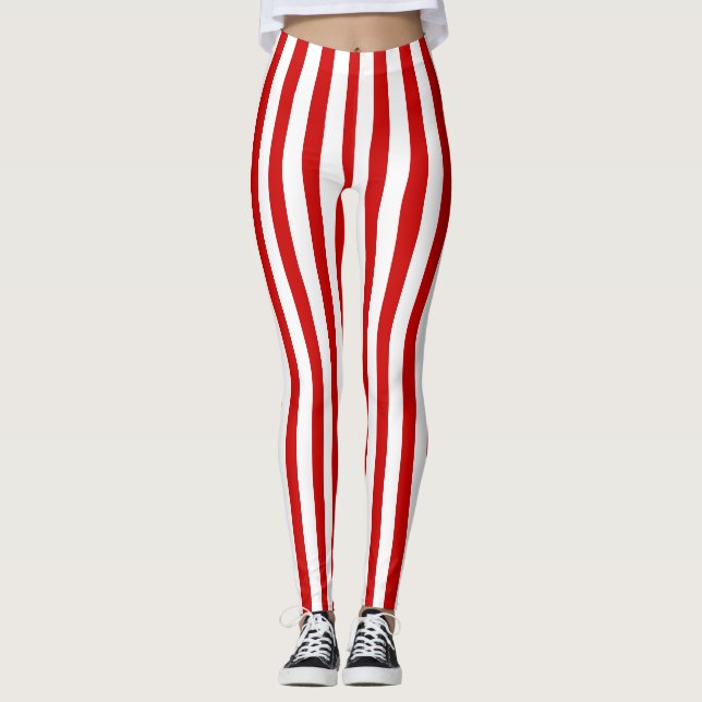Red and White Vertical Stripes Leggings (Front)