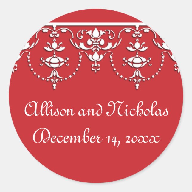 Red and White Victorian Wedding favor stickers (Front)