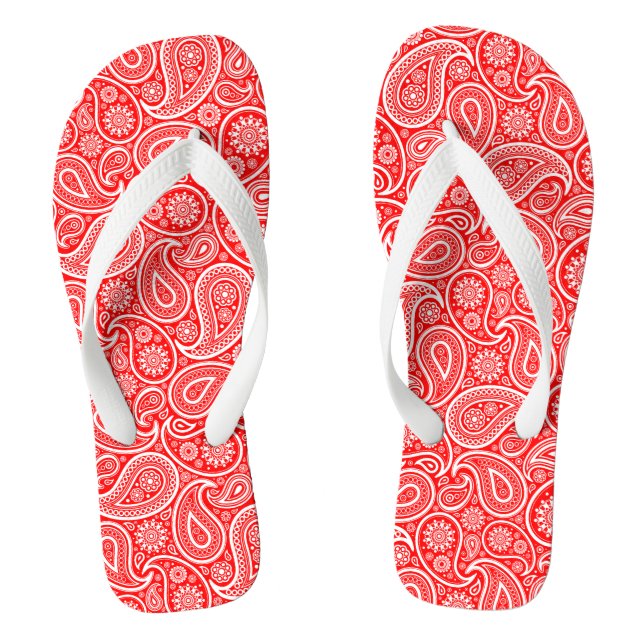 Red And White Vintage Paisley Pattern Flip Flops (Footbed)