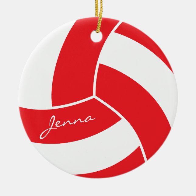Red and White Volleyball Ceramic Ornament (Front)