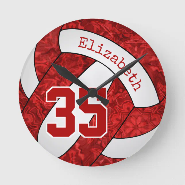 red and white volleyball team colors girls sporty round clock | Zazzle