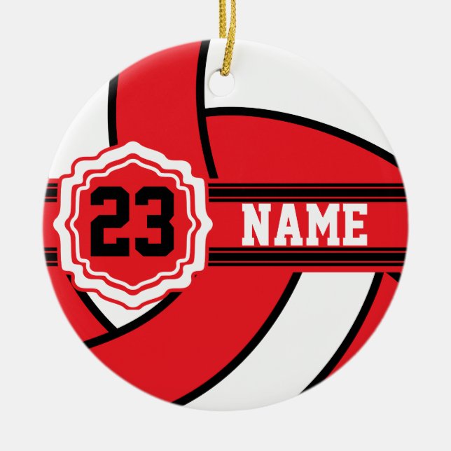 Red and White Volleyball with DIY Text Ceramic Ornament (Front)