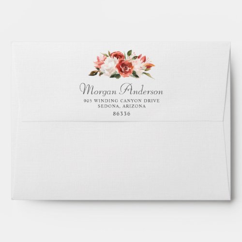 Red and White Watercolor Floral on White Linen Envelope