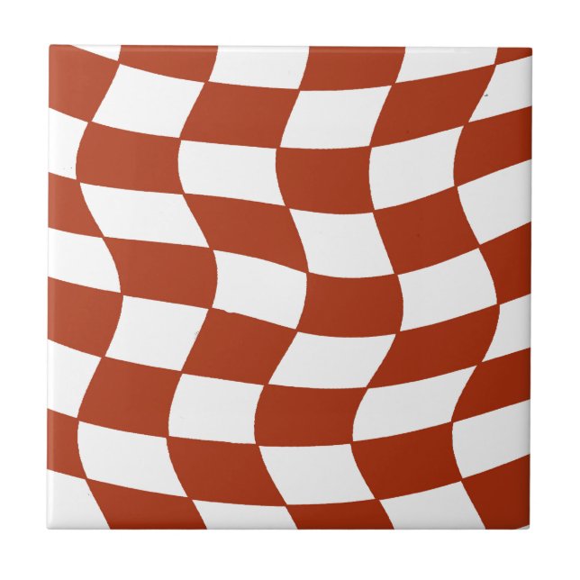 Red and White Wavy Checkerboard Ceramic Tile (Front)
