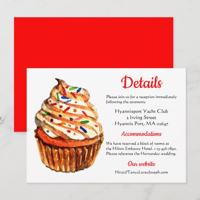 Red And White Wedding Direction, Details Cupcake Invitation (Front/Back)