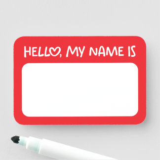 Red and White Whimsical Heart Hello Name Tag