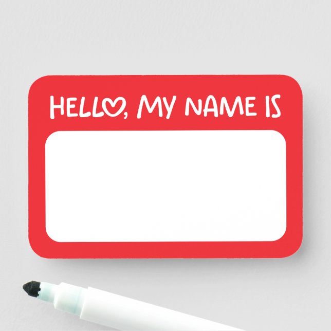 Red and White Whimsical Heart Hello Name Tag (In Situ)