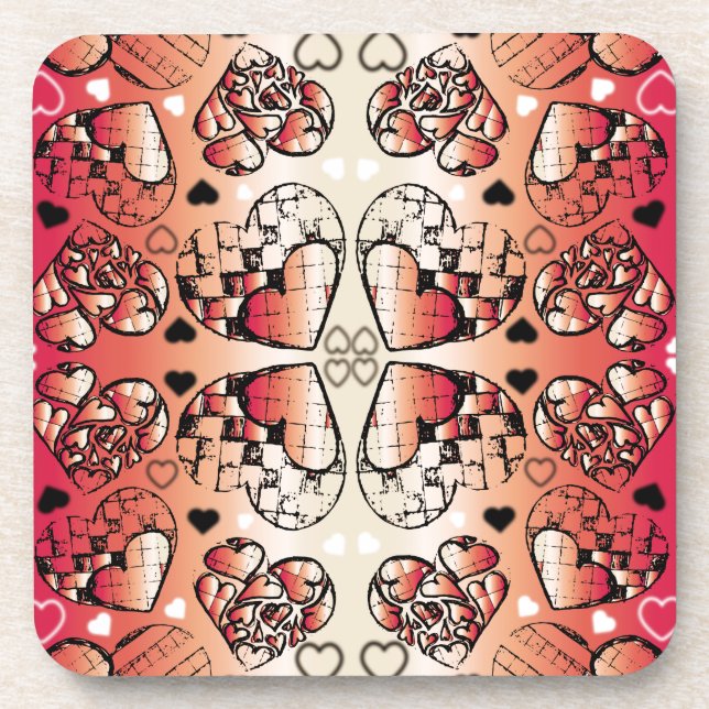 Red and white Whimsical Romantic Hearts pattern Beverage Coaster (Front)