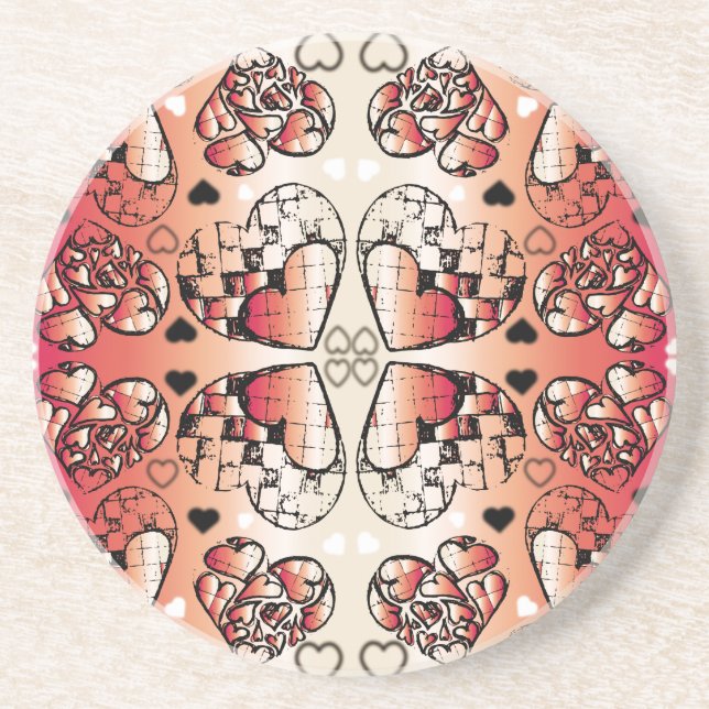 Red and white Whimsical Romantic Hearts pattern Drink Coaster (Front)