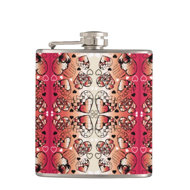 Red and white Whimsical Romantic Hearts pattern Hip Flask (Front)