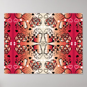 Red and white Whimsical Romantic Hearts pattern Poster