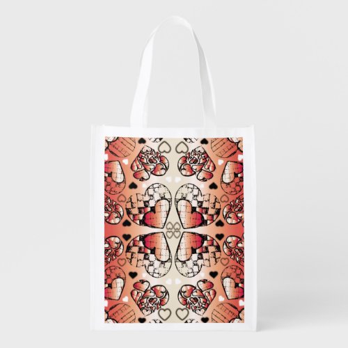 Red and white Whimsical Romantic Hearts pattern Reusable Grocery Bag