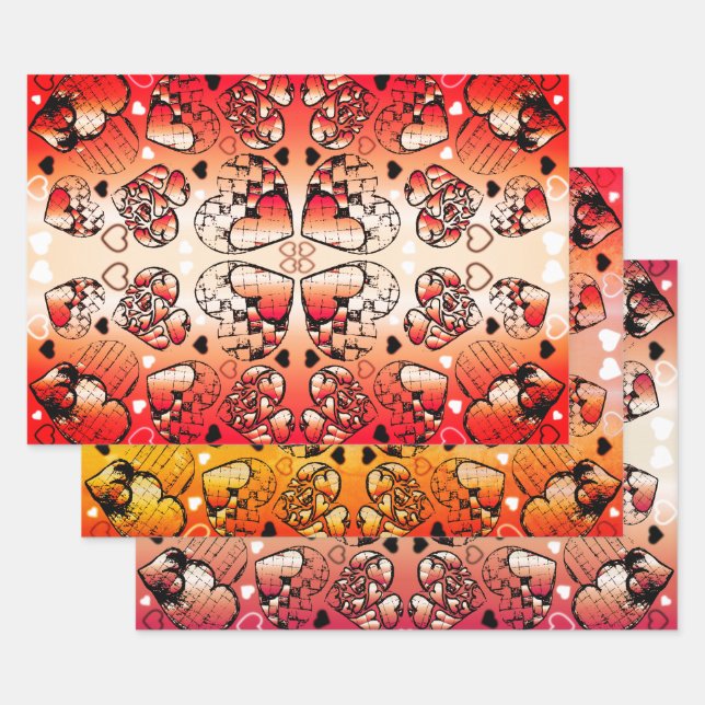 Red and white Whimsical Romantic Hearts pattern Wrapping Paper Sheets (Set)