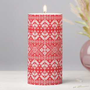 Red and White Winter Fair Isle Christmas Pillar Candle