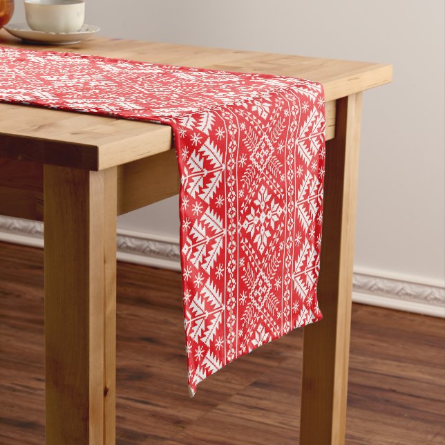 Red and White Winter Fair Isle Christmas Short Table Runner (In Situ)