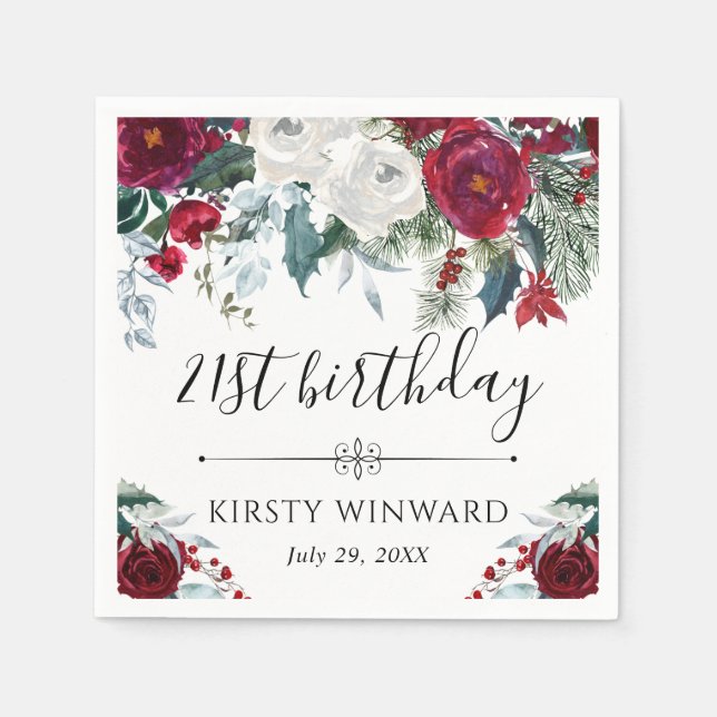 Red and White Winter Flowers Birthday Napkins (Front)