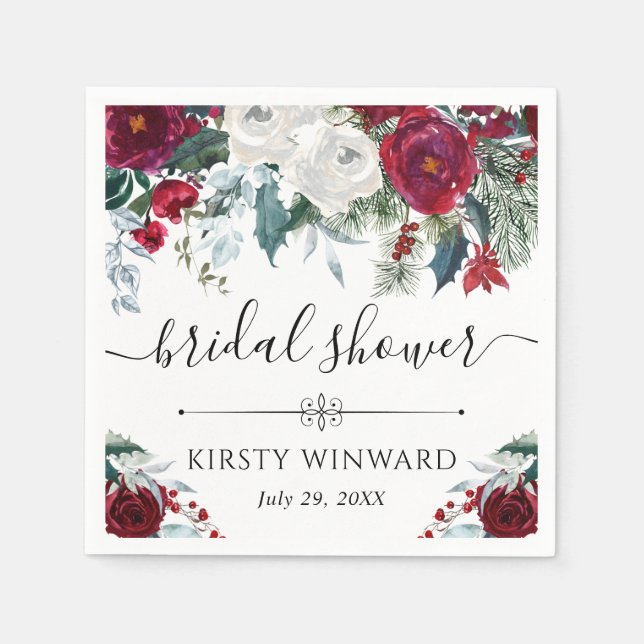 Red and White Winter Flowers Bridal Shower Napkins (Front)