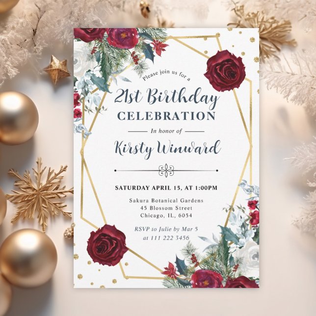 Red and White Winter Flowers Frame Birthday Invitation (Creator Uploaded)