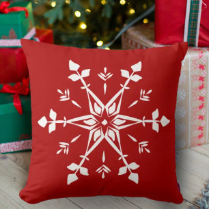 Red and White Winter Snowflake Throw Pillow
