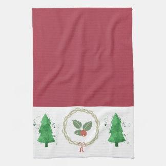 Red and white with Christmas holly and trees Kitchen Towel