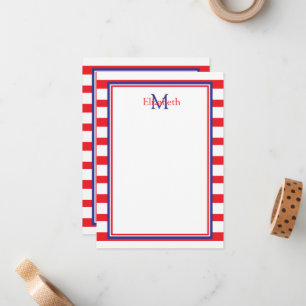 Red and White With Navy Blue Stripes Monogram Note Card
