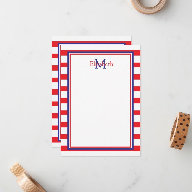 Red and White With Navy Blue Stripes Monogram Note Card (Front/Back In Situ)