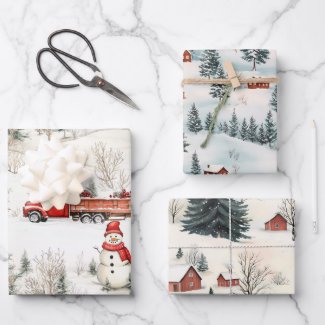 Red and White Woodland Snowman and Truck Christmas