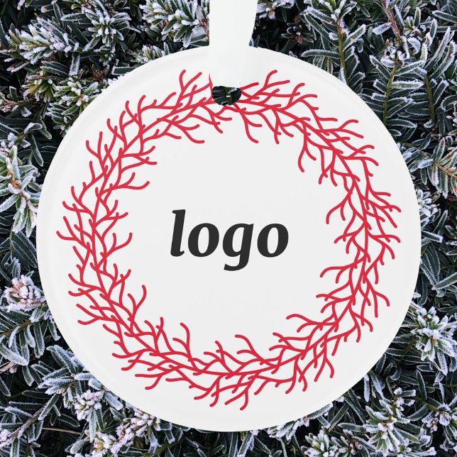 Red and White Wreath Logo Business Ornament (Logo wreath business promotional holiday ornament)