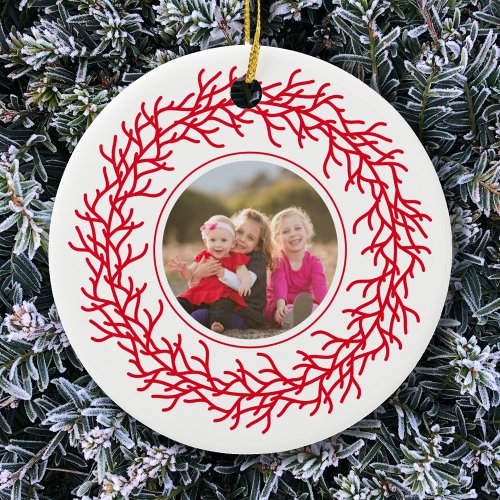 Red and White Wreath Photo Ceramic Ornament