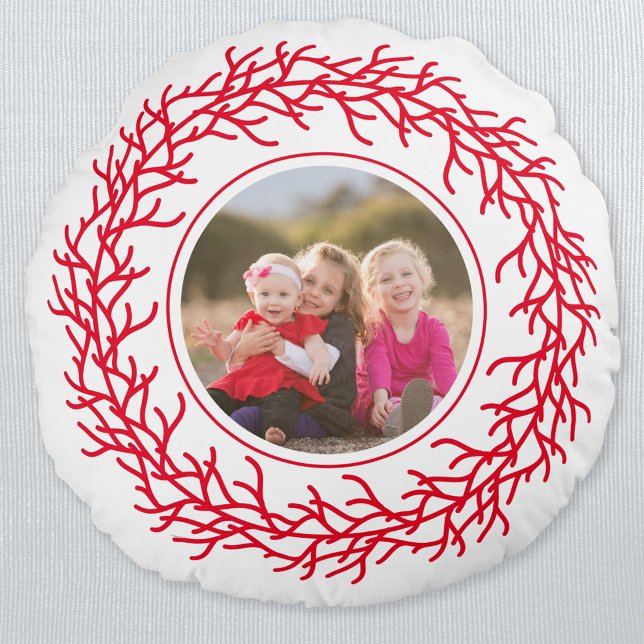 Red and White Wreath Photo Round Pillow (Photo modern Scandinavian red and white wreath holiday keepsake round pillow)