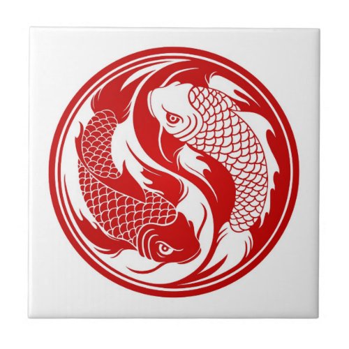 Red and White Yin Yang Koi Fish Ceramic Tile