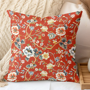 Red and Yelllow Spring Flowers Chinoiserie Pattern Throw Pillow