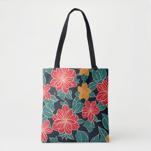 Red and Yellow Abstract Flowers with Green Leaves  Tote Bag