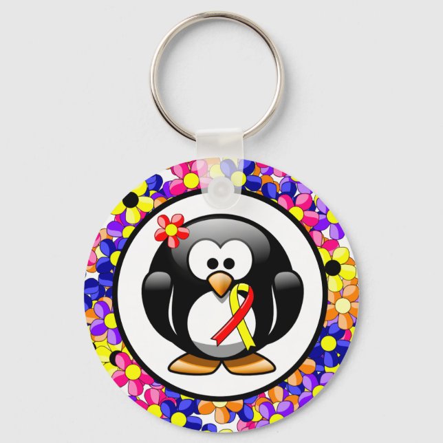 Red and Yellow Awareness Ribbon Penguin Keychain (Front)