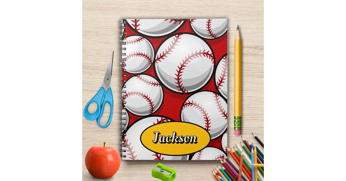 Red and yellow baseball pattern name notebook | Zazzle