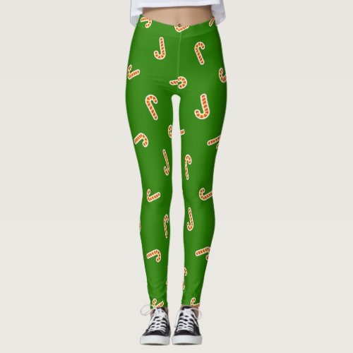 Red and yellow candy canes green leggings