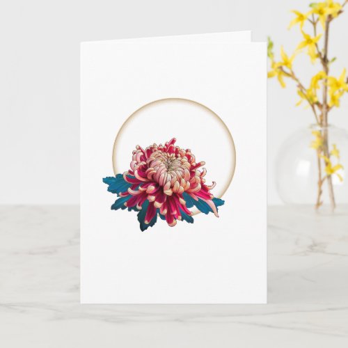 Red and yellow chrysanthemum circle white card