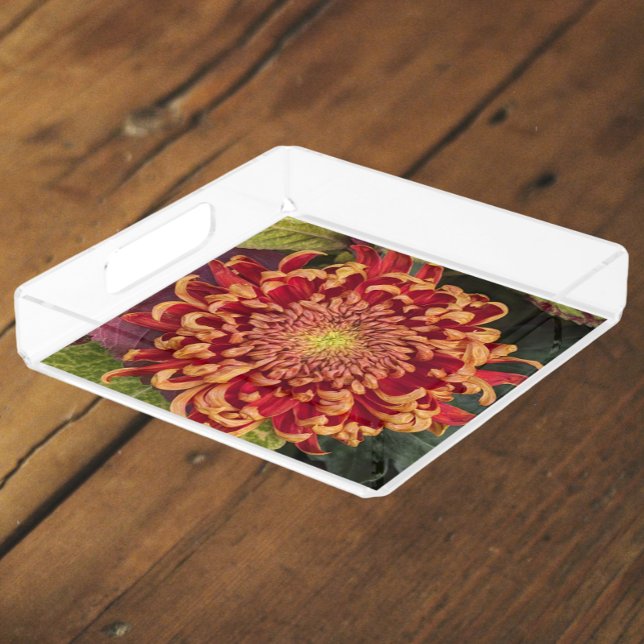 Red and Yellow Chrysanthemum Floral Acrylic Tray (In Situ)