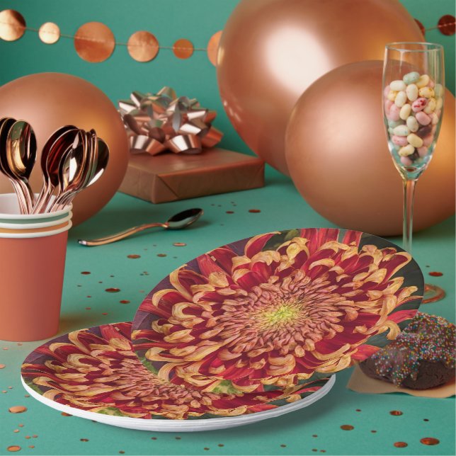 Red and Yellow Chrysanthemum Floral Paper Plates (Multi)