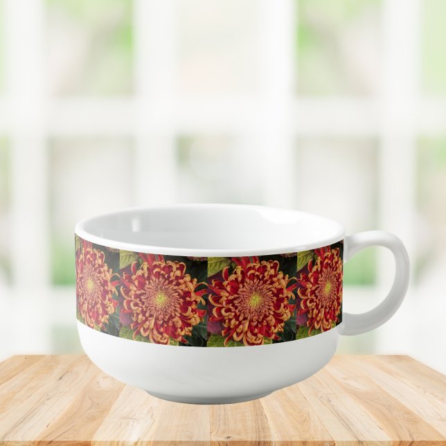 Red and Yellow Chrysanthemum Floral Soup Mug (In Situ)