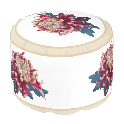 Red and yellow chrysanthemum illustration beige pouf
