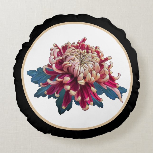 Red and yellow chrysanthemum illustration black round pillow (Front)