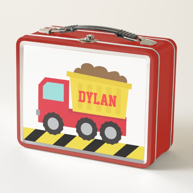 Red And Yellow Construction Dump Truck Boys Metal Lunch Box (Front)
