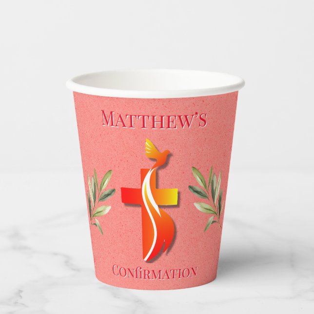 Red and Yellow Cross and a Dove Confirmation  Paper Cups (Front)